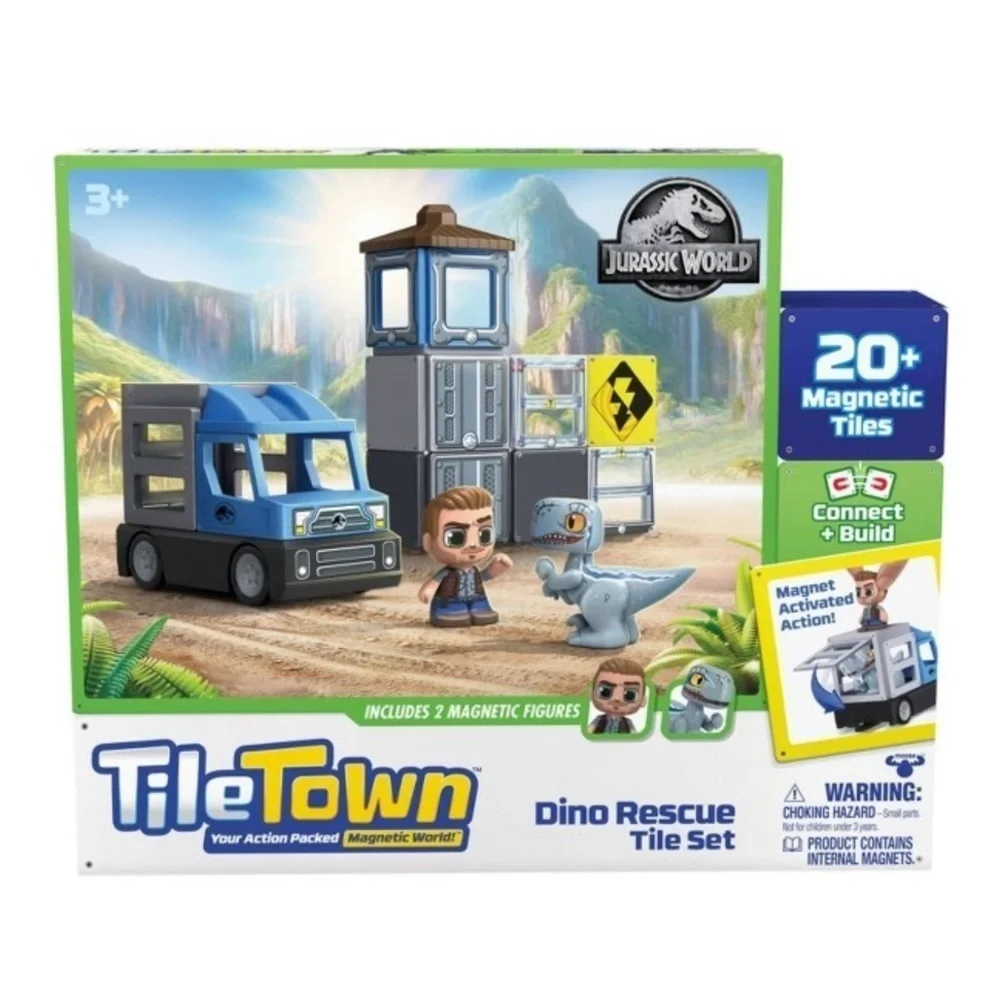 Tile Town Jurassic World Dino Rescue Magnetic Tiles Playset NEW Car Figures